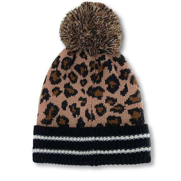 New! Steve Madden Women's Leopard Print Cuffed Pompom Beanie Knit Winter Hat - Picture 2 of 5